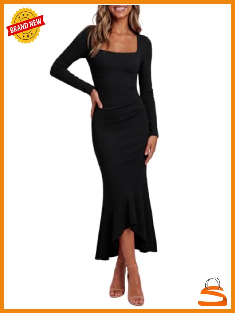 Slim Fit Square Neck Midi Cocktail Dress Ruched Waist Mermaid Ruffle Hem